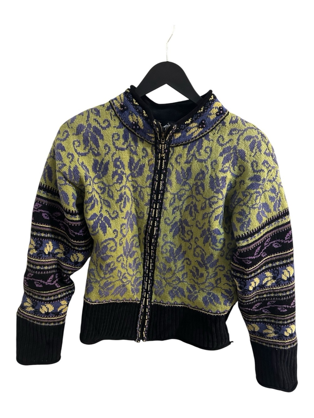 Icelandic Design Zip-Front Floral Jacquard Cardigan Sweater - Green & Purple